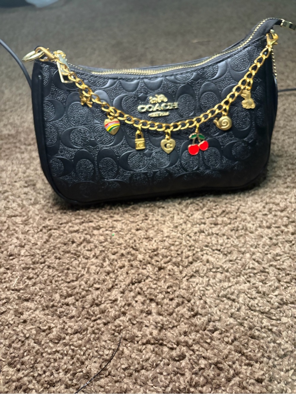 Coach Black Embossed Leather Shoulder Bag with Gold Charm Chain